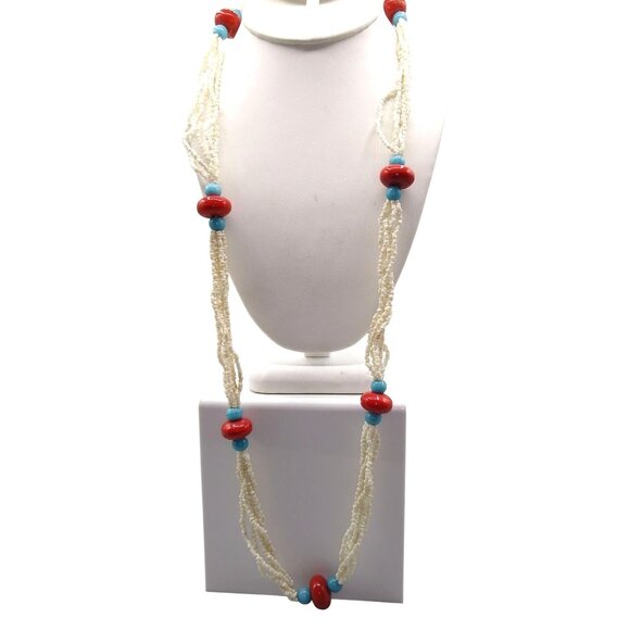 White Seed Beads Necklace with Glazed Ceramic Beads in Red and Blue, Patriotic - Picture 1 of 4